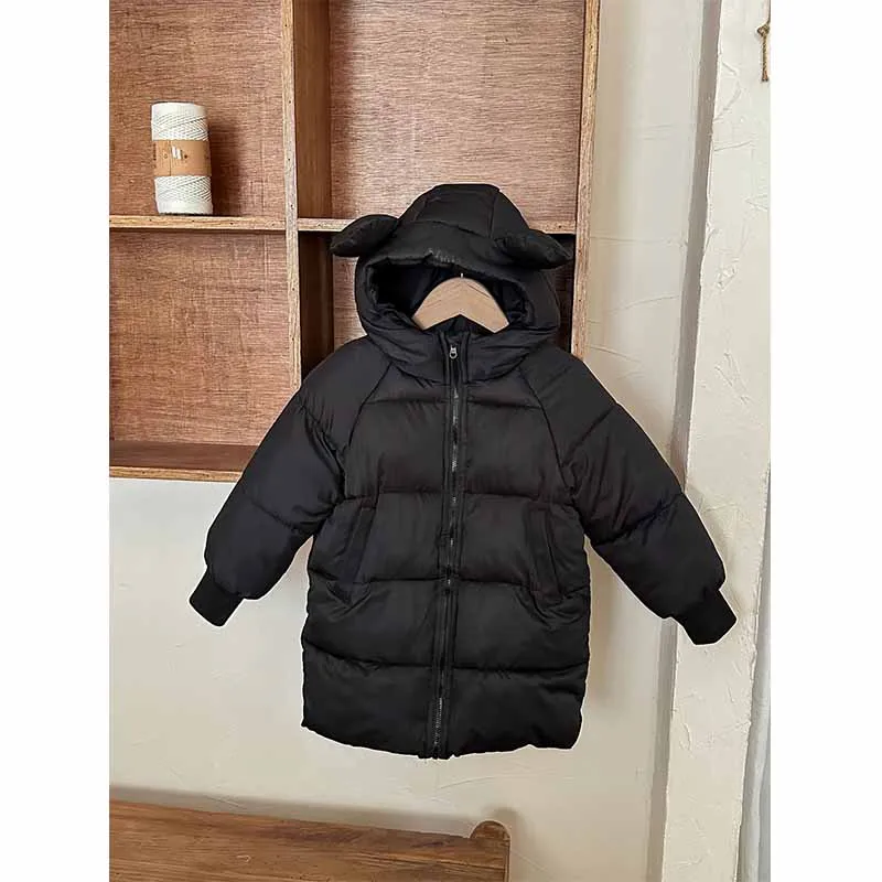 Girls Winter Coat Boys Padded Thickened Warm Long Outerwear Children Solid Color Hooded New Clothes Jacket 2-8 Years Old