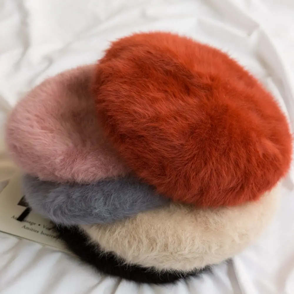 

Plush Beret Hat Japanese Versatile Cute Warm Girls Beanies British Rabbit Hair Painter Hat Female