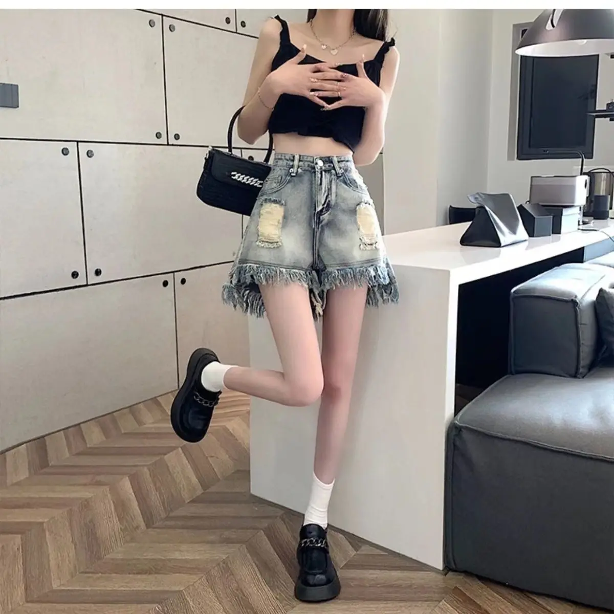 Women's High Waist Denim Shorts, Loose and Thin Coats, Tailored Pink, Fitness Sports, Large Size, Summer, New, 2023