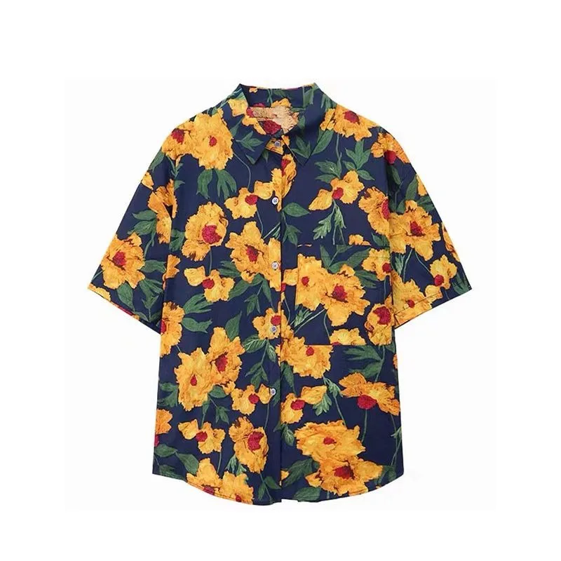 

DUOFA Printed Shirt for Women Summer Loose Floral Blouse Ladies Blouse Retro Slim Pocket Design Blusas Casual Top