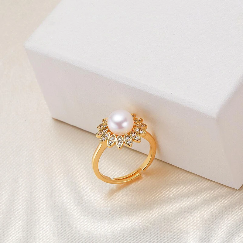 MULICHEN Zircon Inlaid Copper Plated 14K Gold Open Women's Ring 7-8mm Freshwater Pearl Ring Jewelry Free Shipping Gift