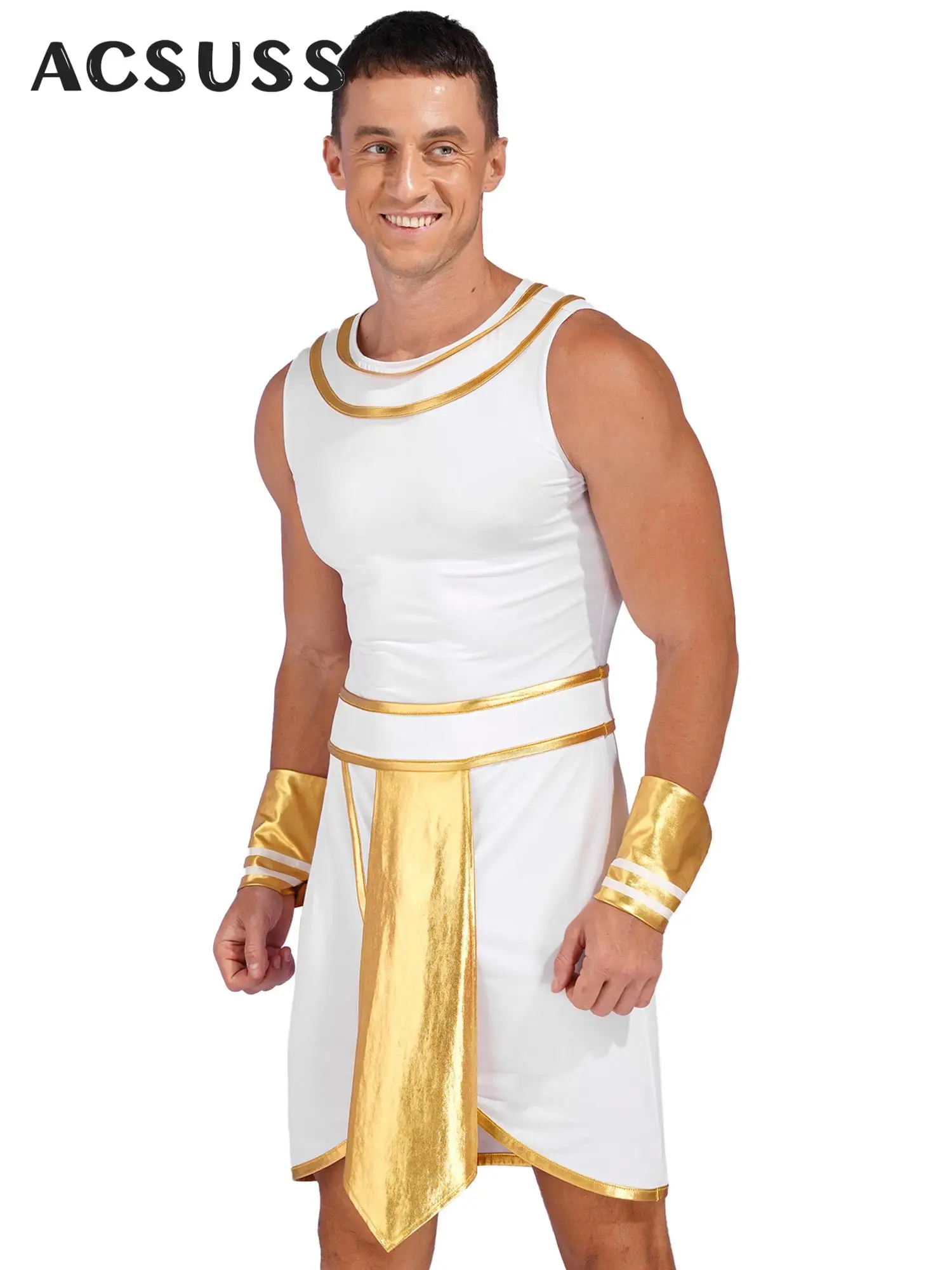 

Mens Egyptian Pharaoh King Cosplay Costume Halloween Theme Party Roleplay Outfits Ancient Egypt Warrior Greek Dress with Cuffs