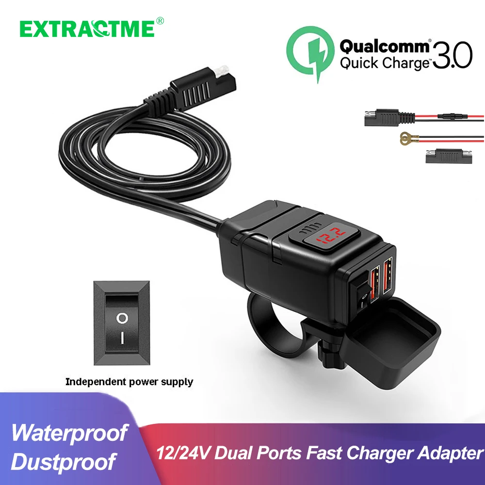 

Extractme QC3.0 Motorcycle USB Charger Motorbike 12/24V Waterproof Dual Ports Adapter Supply Cellphone Socket Moto Accessories