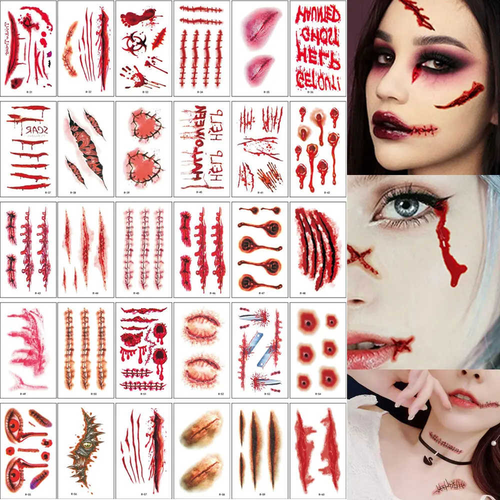 Disposable Halloween Tattoo Stickers Bleeding Wound Scar Temporary Tattoos for Men Women Face Makeup Fake Tattoo 30pcs