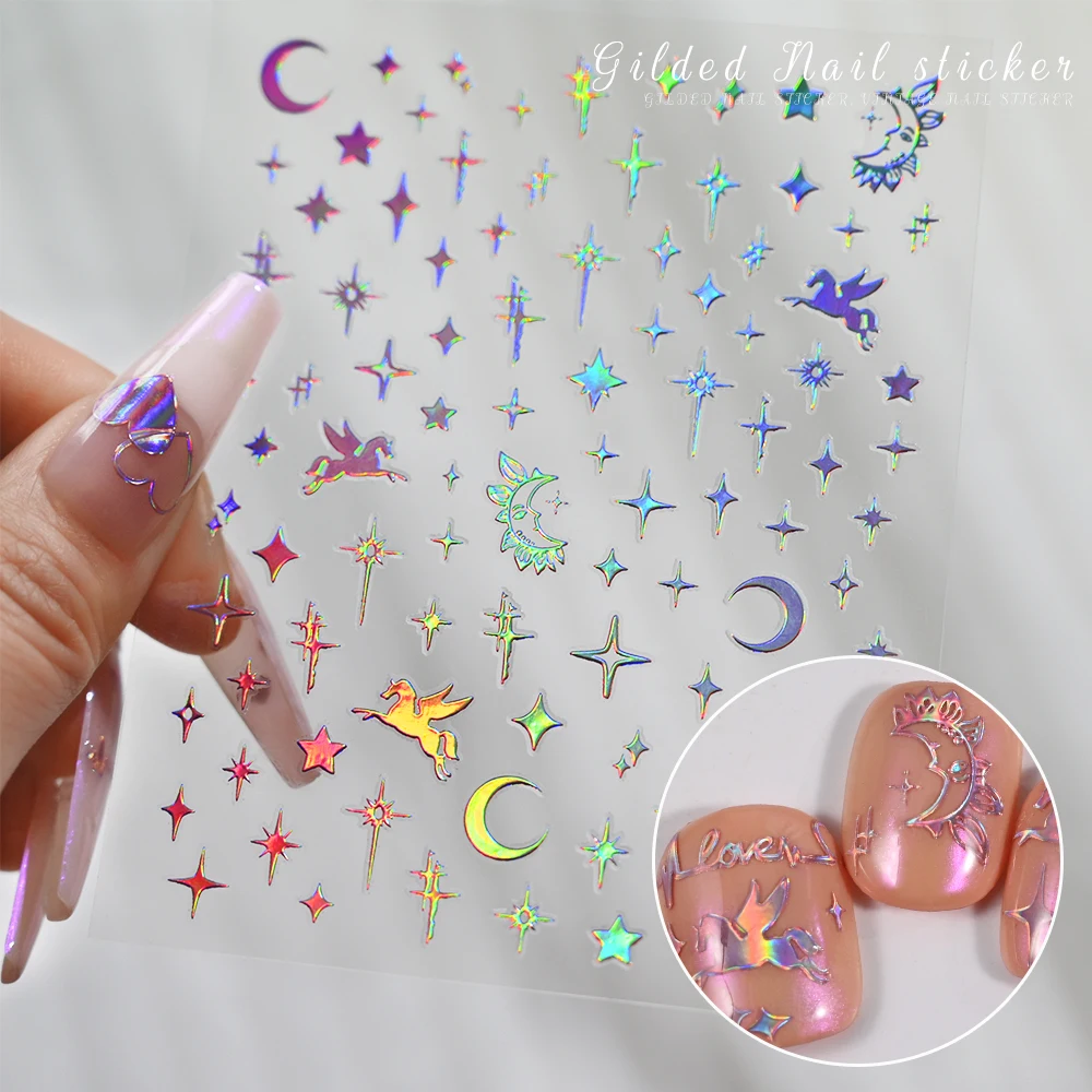 1pc Metallic Laser Hollow Love Heart Cardiogram Nail Art Stickers Holographic Stars Moon Adhesive Decals French Manicure Charms