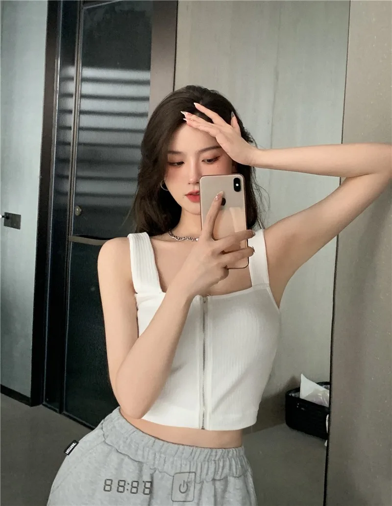 Y2K Top Women Zipper Fly Camisoles Knitted Sexy Tops Female Solid Crop Top Women 2022 Summer Tank