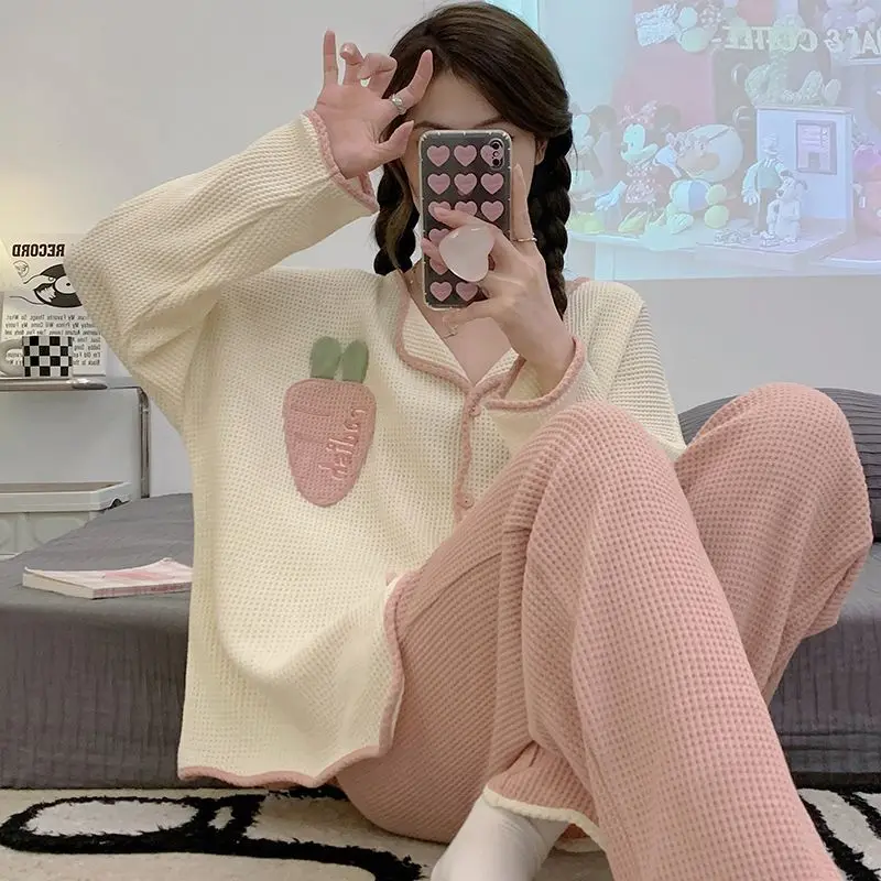 Waffle pajamas women spring autumn pure cotton new long-sleeved cartoon cute sweet style outer wear home clothes set freshing