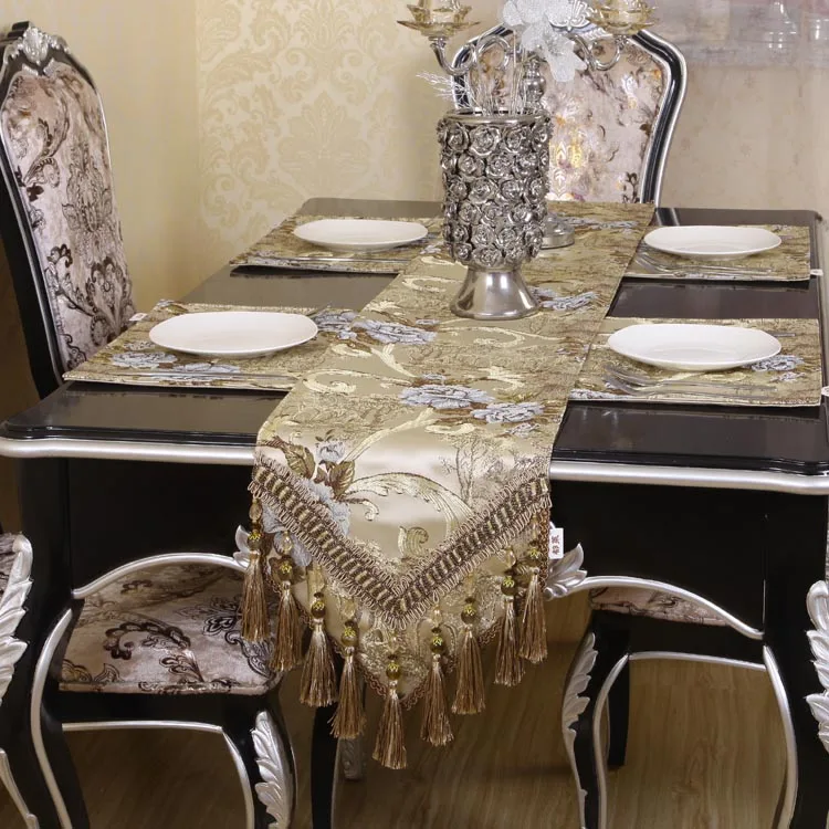 Luxury Table Runner Thick Traditional Jacquard Table Runners Multi-Tassels for Dining Room Damask Dresser Party Banquet Decor