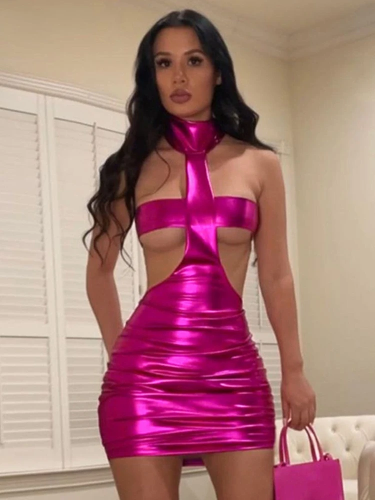 

Sexy Halter Cut Out Pu Leather Rose Red Bodycon Mini Dress for Women 2023 Summer Sleeveless Backless Hollow Party Club Outfit