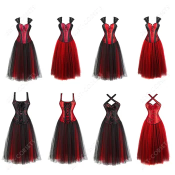 Red Corset With Dress Sexy Corset Dresses for Women Plus Size Gothic Corset Skirt Party Evening Mesh Maxi Dress with Corset 6