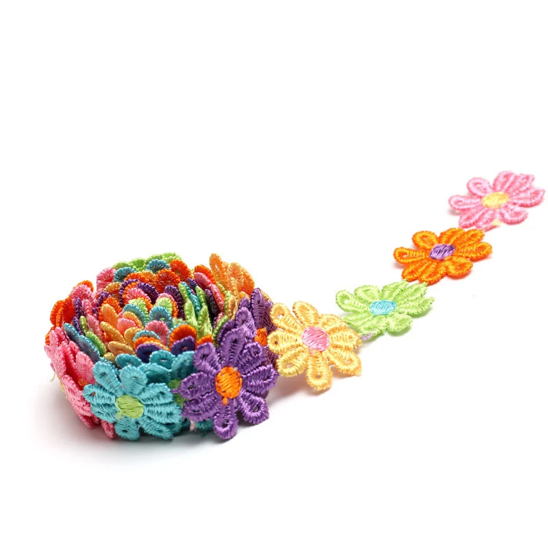 15yards Colorful Daisy Flower Embroidery Lace Butterfly Embroidered Water-Soluble Lace DIY Hat Clothing Decorative Accessories