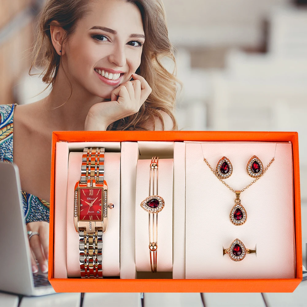 New Fashion Quartz Wrist Watch for Women Luxury Necklace Ring Jewelry Gift Box for Ladies Elegant Watches Set Reloj De Mujer
