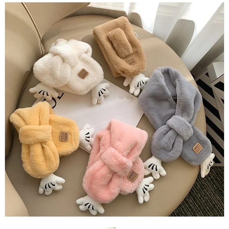 Children Boys Girls Winter Warm Thicken Cute Palm Collar Scarf Solid Color Faux Rabbit Fur Plush Cute Shawl Scarfs