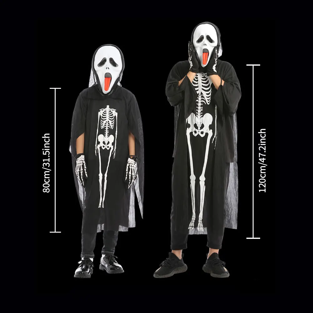 Halloween Scary Costume Grim Reaper Costume for Girls Boys Kids Adults with Gloves Masks Masquerade Cosplay Party Props