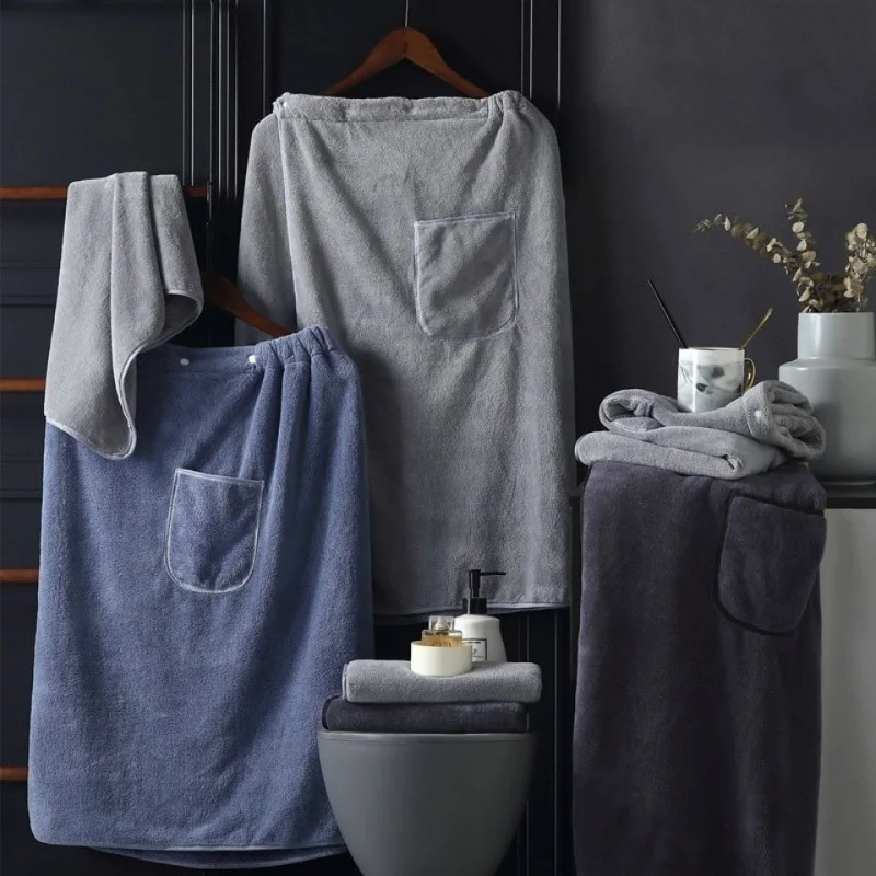 Men's Shower Towel With Safety and Pocket Quick Drying Water Absorption Bath Skirt Microfiber Buckle Towel Large Bathrobe