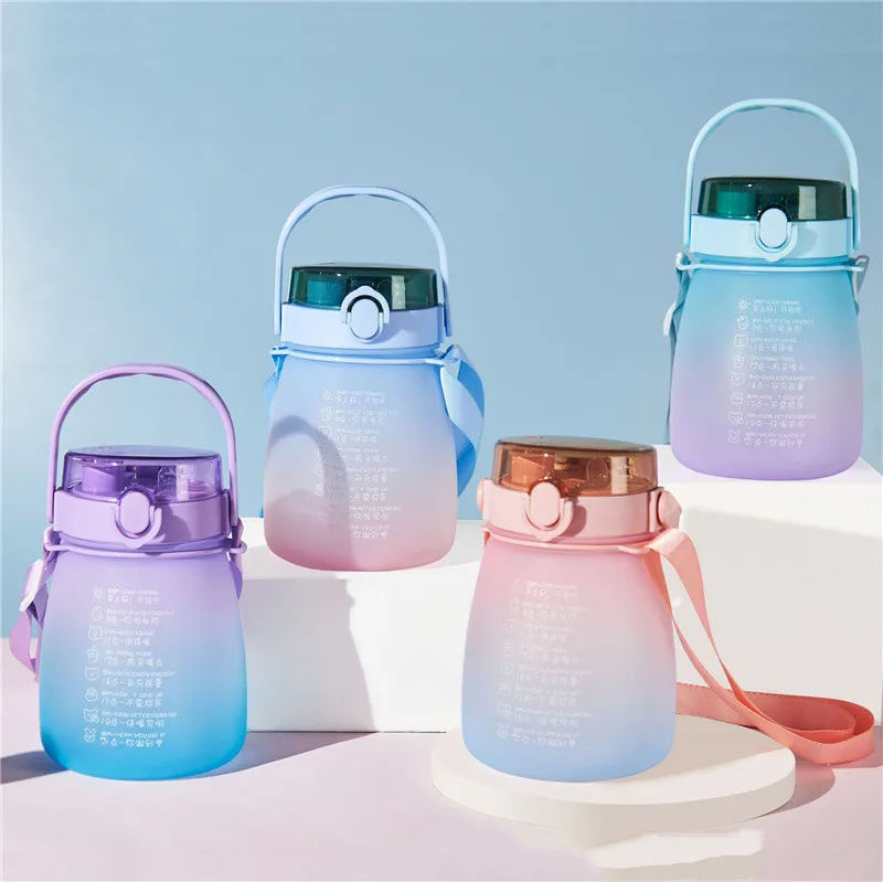 Plastic Water Bottle1.3L With Time Marker Strap Straw Leak Proof Cup Portable Fitness Gym Camping Outdoor Sports Bottle Bpa Free