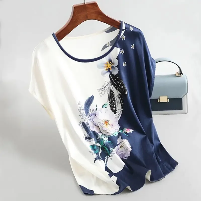 

New Women Silk Satin Blouses Spring Summer Floral Printing Blouse Female Fashion Shirt Tops Plus Size