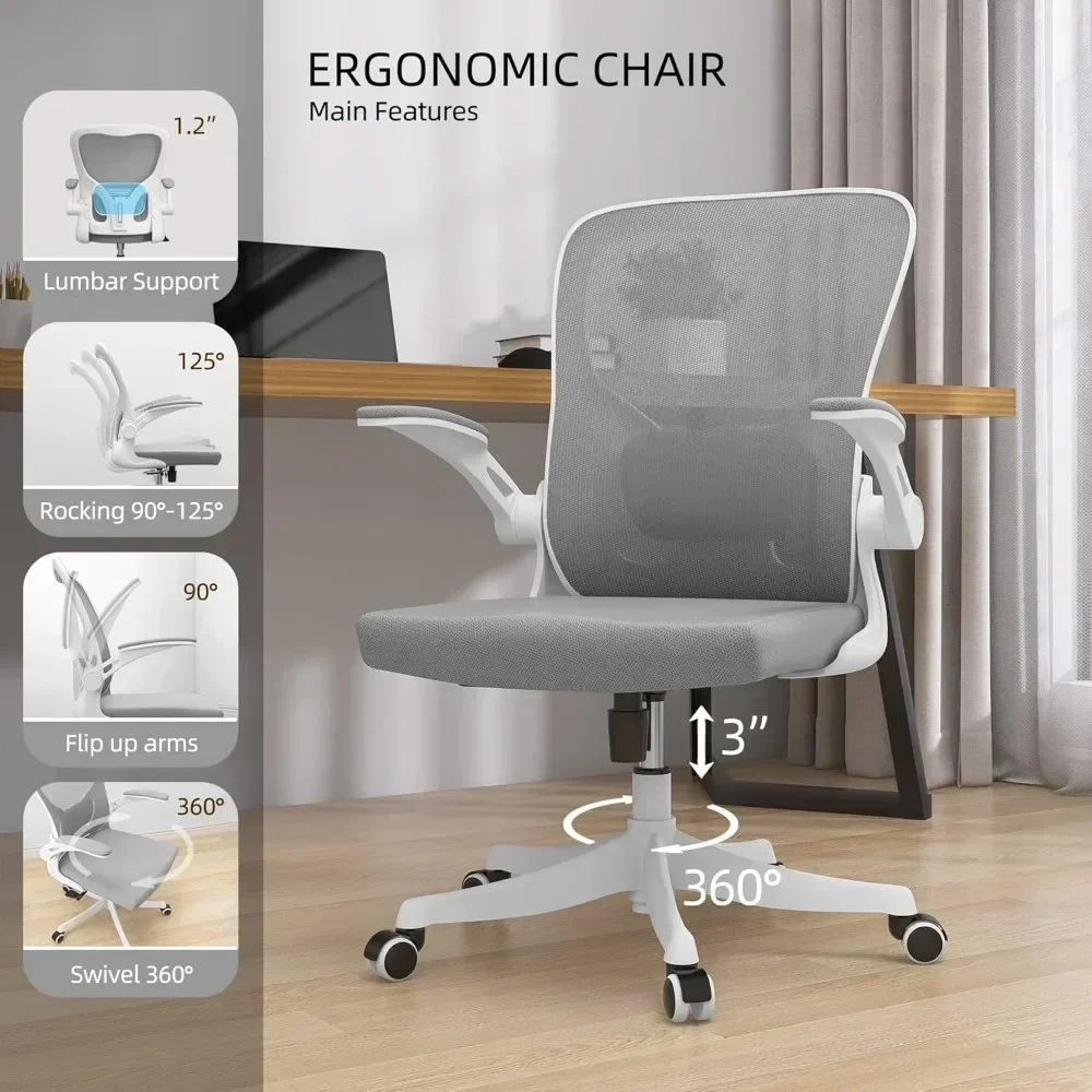 ergonomic office desk chair with lumbar support, headrest, adjustable height, flip-up armrests, and swivel rocking high back for