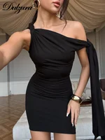 Dulzura 2025 Summer Fashion Sexy Inclined Shoulder Sleeveless Lace Up Bodycon Mini Dress Women'S Solid Elegant Party Club Outfit - Image 2