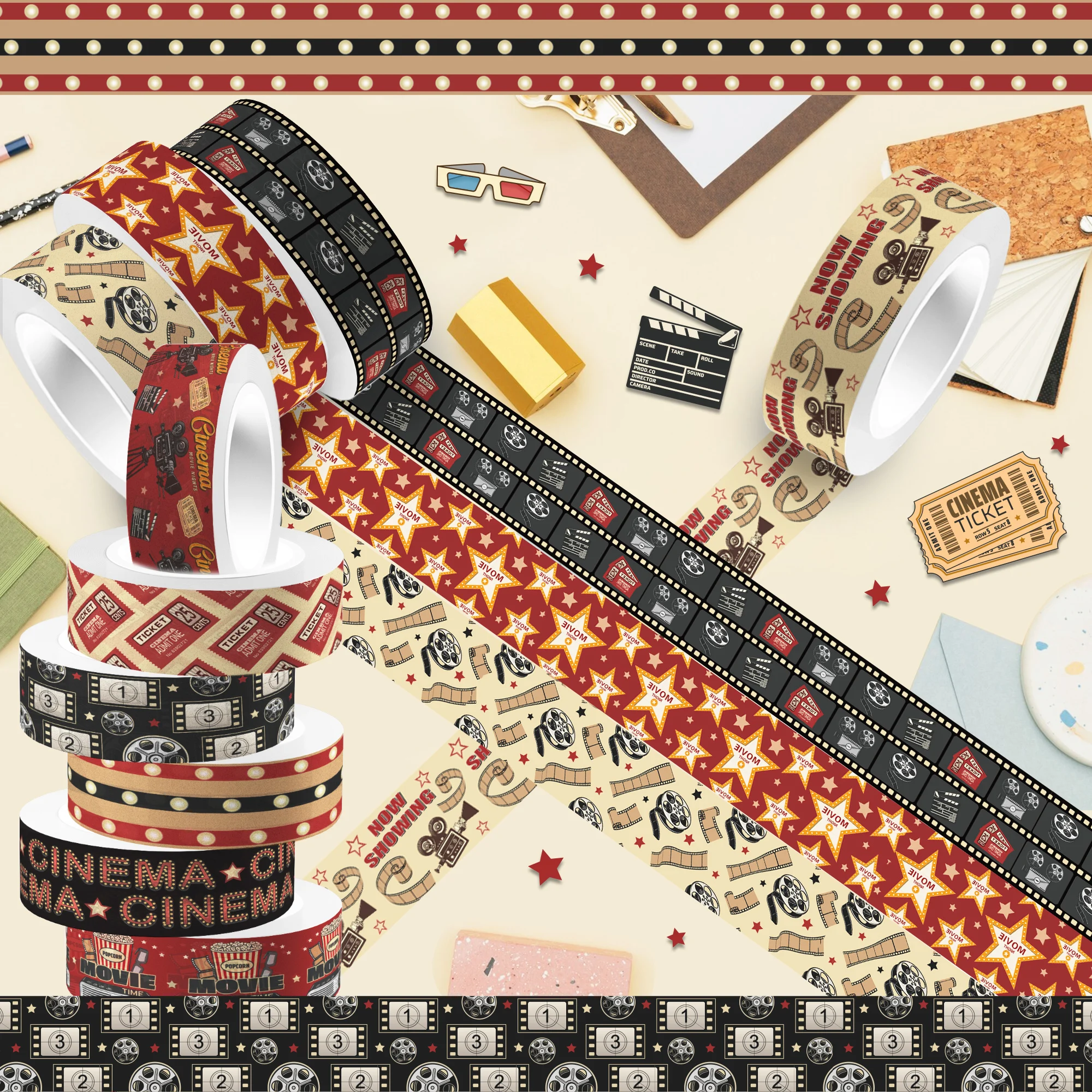 12 Rolls Cinema Film Themed Washi Tape Set, Adhesive Tape, Masking Tape DIY Craft Handbook Materials Scrapbooking De