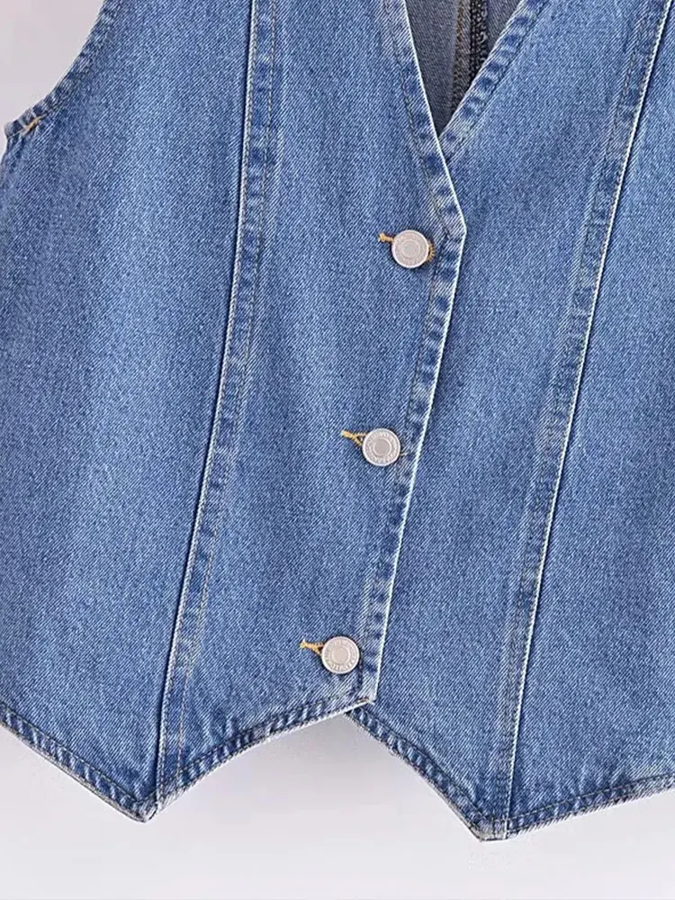 TRAF 2024 Summer Women Fashion Front Button Denim Waistcoat Vintage V Neck Sleeveless Female Outerwear Chic Tops