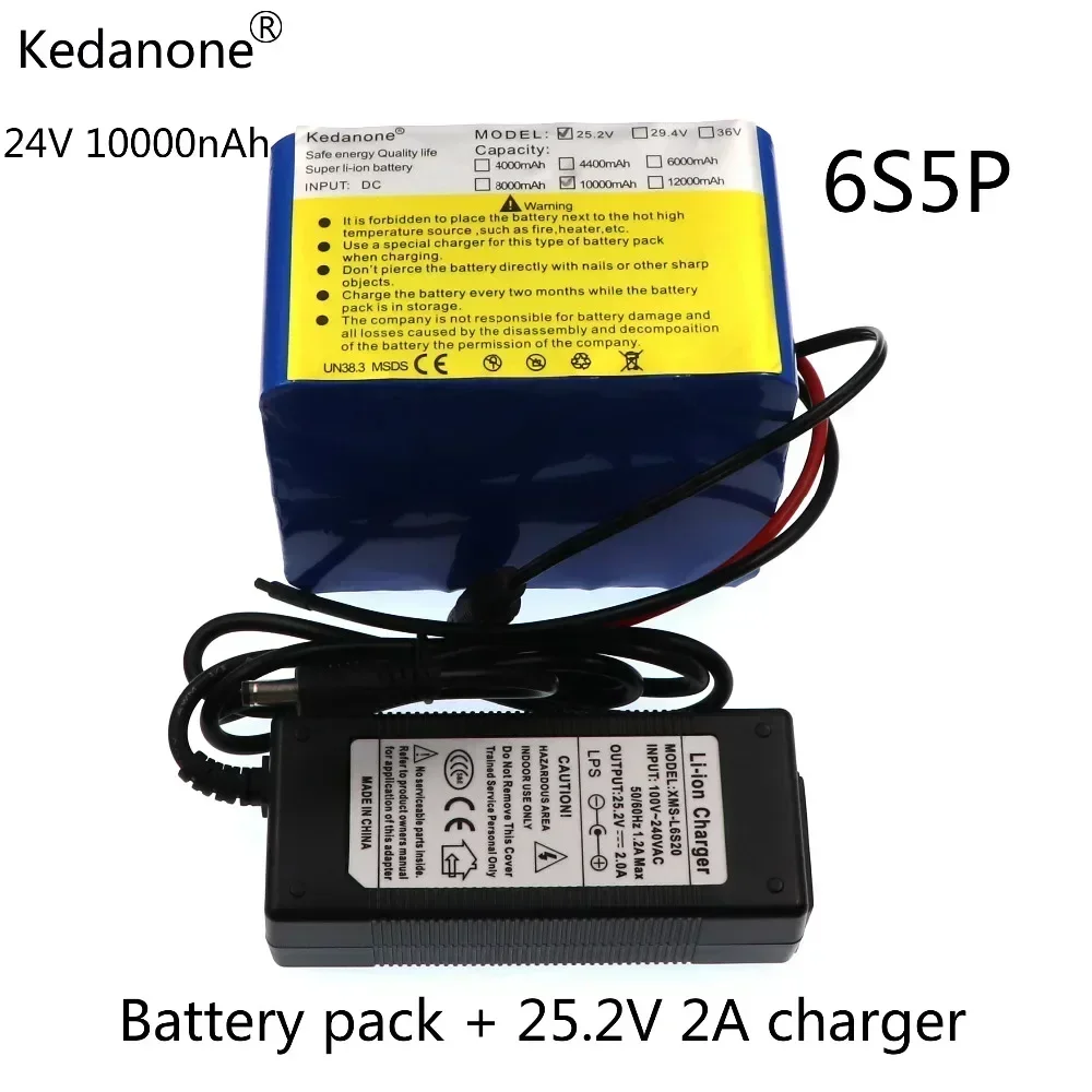 

Kedanone Brand 24V 10Ah 6S5P battery pack lithium 350w e-bike li-ion 25.2V 10000mah lithium bms electric bike battery 250W+2A