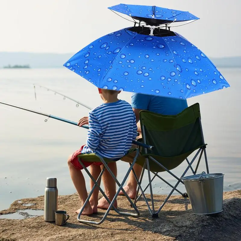 Guarda-chuva protetor solar montado na cabeça, portátil, dobrável, dupla camada, à prova de vento, à prova de UV, ao ar livre, pesca