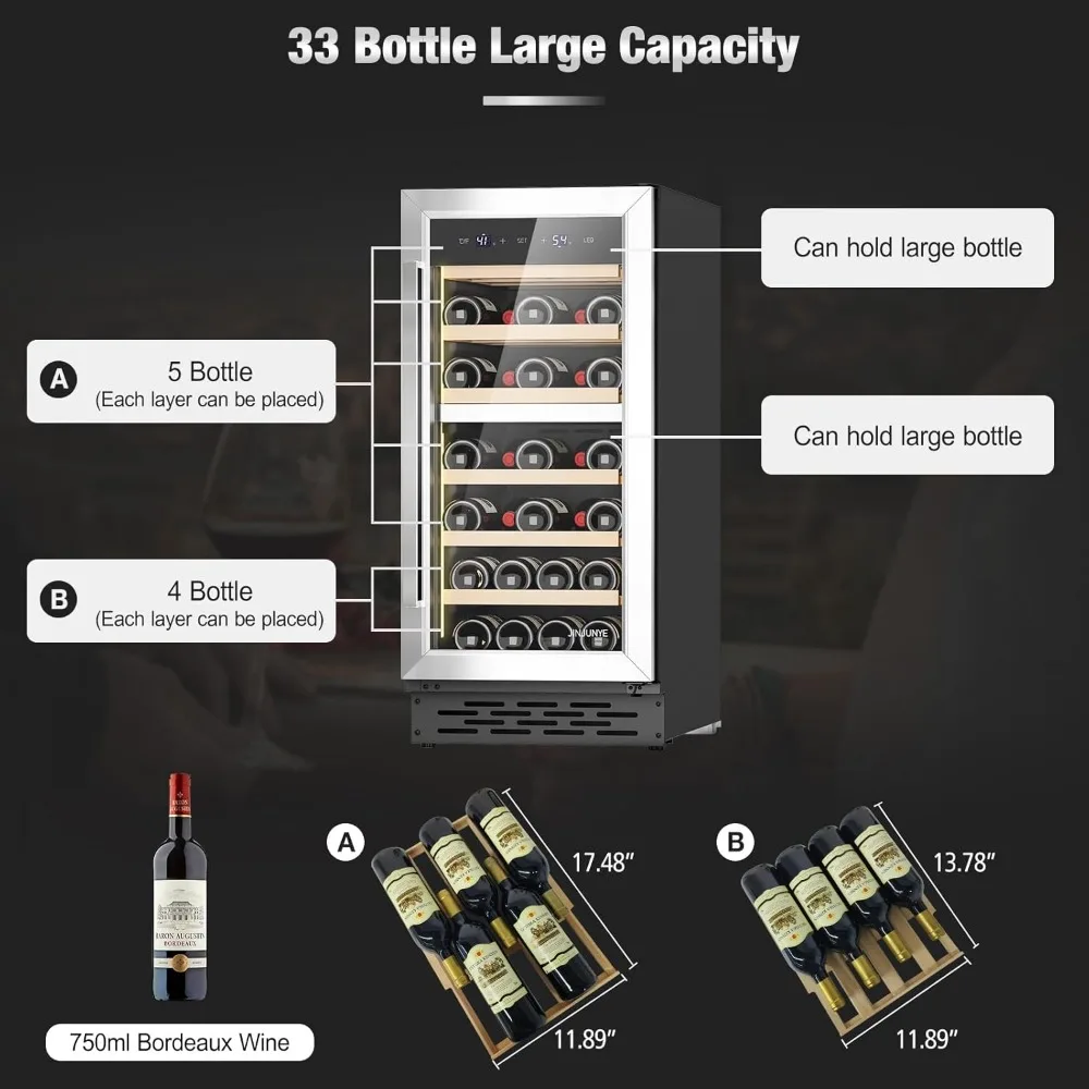 15Inch Wine Cooler Refrigerator, Dual Zone 33Bottle Wine Fridge Temp Control, Built-in or Freestanding Wine Fridge 5