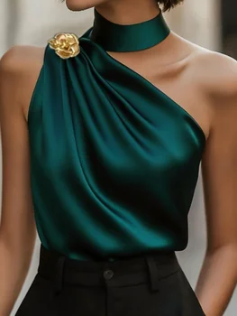 Chic Halter One Shoulder Satin Draped Dark Green Blouse, Sleeveless Top For Party & Office Women
