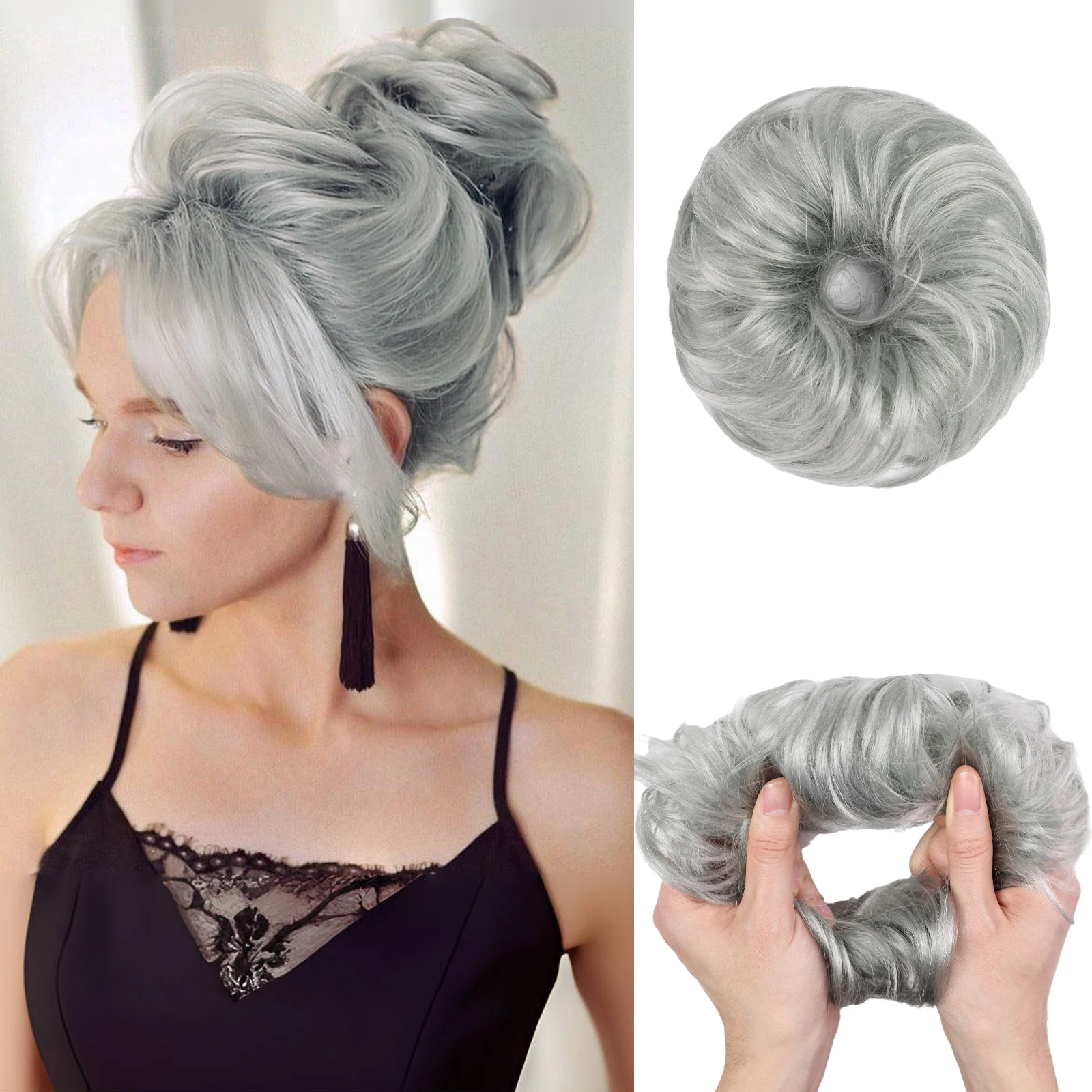 Gray Human Hair Messy Hair Bun Curly Chignon Extensions With Rubber Band 100% Human Messy Bun Piece for Women