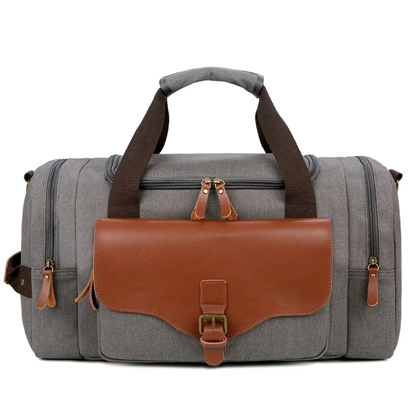 Men Large Capacity Weekend Bag Canvas Multifunction Leather Bags Carry on Luggage Bag Tote Utility Travel