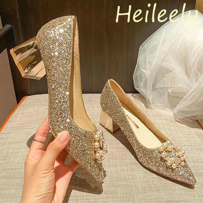 

5cm New Fashion Sequins with Pearl Beading Sexy Low Heels Banquet Party Women Shoes 41 42 43