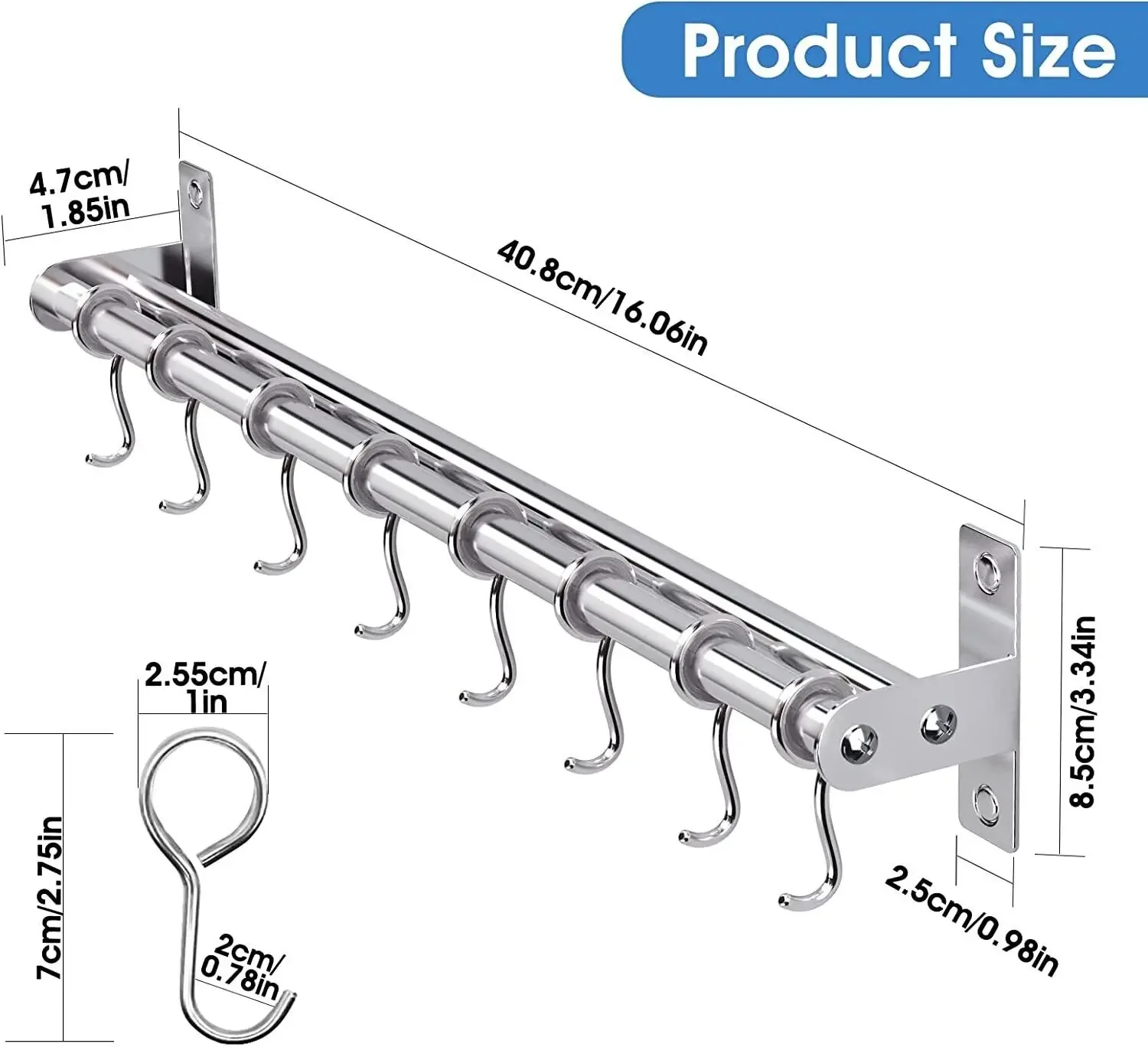 Storage Tool Holder Kitchen Stainless Steel Bathroom Bar Ladles, Pan, Cups, Umbrellas, with 7 Hooks Furniture Binary Wall 6
