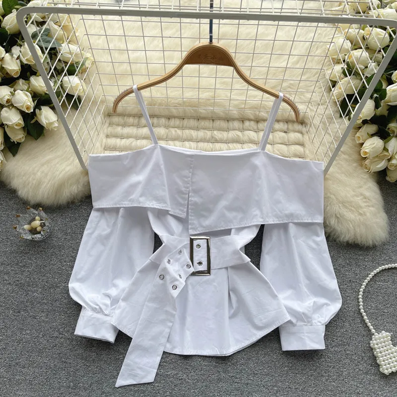 

Design sense Spring summer Slim suspender Off-shoulder sweet bow bandage Fairy Top Fashion shirt blusa feminina blouses