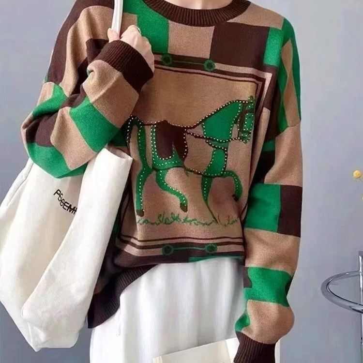 Horse Luxury Brand Designer Knitwears Pullover Sweater For Women 2023 Autumn Winter Vintage Knit Round Neck fashion Top Y2k