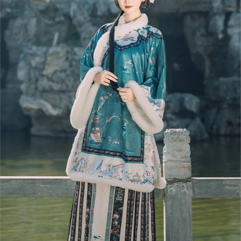 Qing and Han Women's Placket Qing  Dress Embroidery Jinshang Young Mistress plus Velvet Thickened Skirt Cross Collar Suit