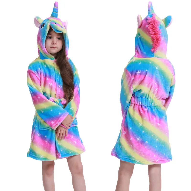 Kids Flannel Robes Unicorn Boys Girls Star Unicorn Animal Cartoon Hooded Long Sleeve Winter Bathrobe Sleepwear Pajamas