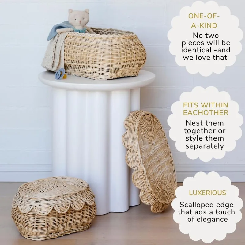 Hand Woven Rattan Basket Set-Small Scalloped Baskets-Round Wicker Basket Wicker Storage Rattan with Lid