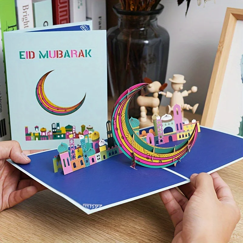 3D Muslim mosque three-dimensional greeting card Festival Moon Eid handmade paper carved card Eid Ramadan greeting envelope
