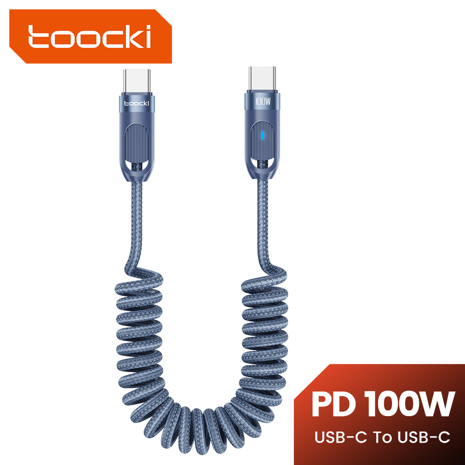Toocki 100W USB C To USB Type Cable Spring Telescopic Car Phone Charger Type C Cable For Macbook iPhone 15 Samsung Huawei Xiaomi