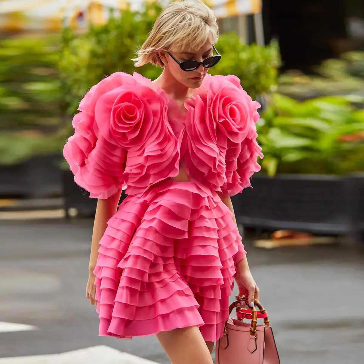 

V-neck Handmake Floral Dress Pink Mini Dress Layered Women Clothing A-line Rose Organza Party Dresses For WOmen Elegant Dress