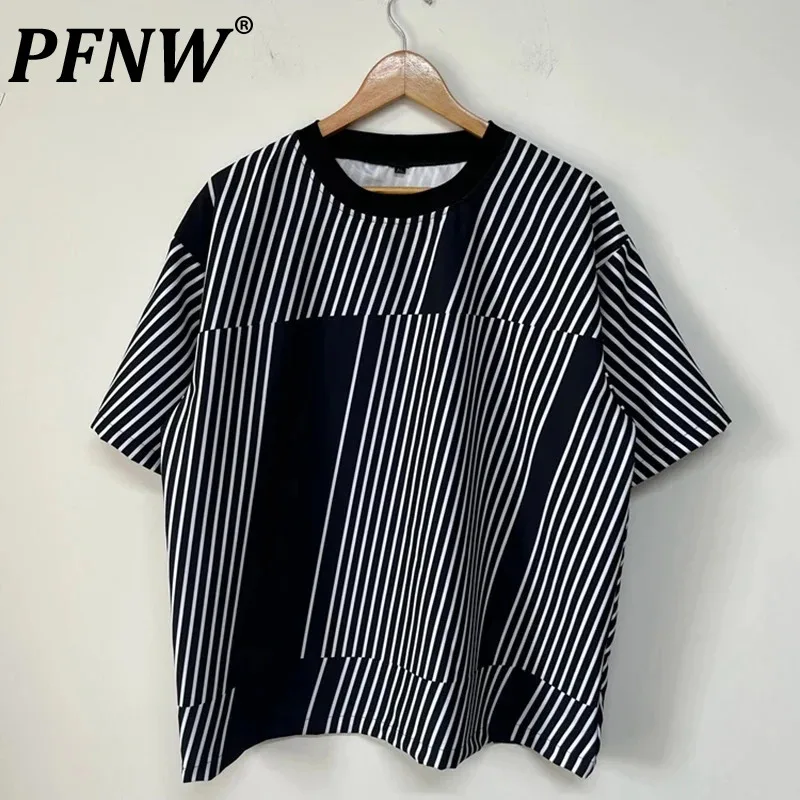 

PFNW Men's Asymmetric Striped Versatile T-shirt Summer O-neck Personality Breathable Light Luxury Casual Original Tops 21Z1909