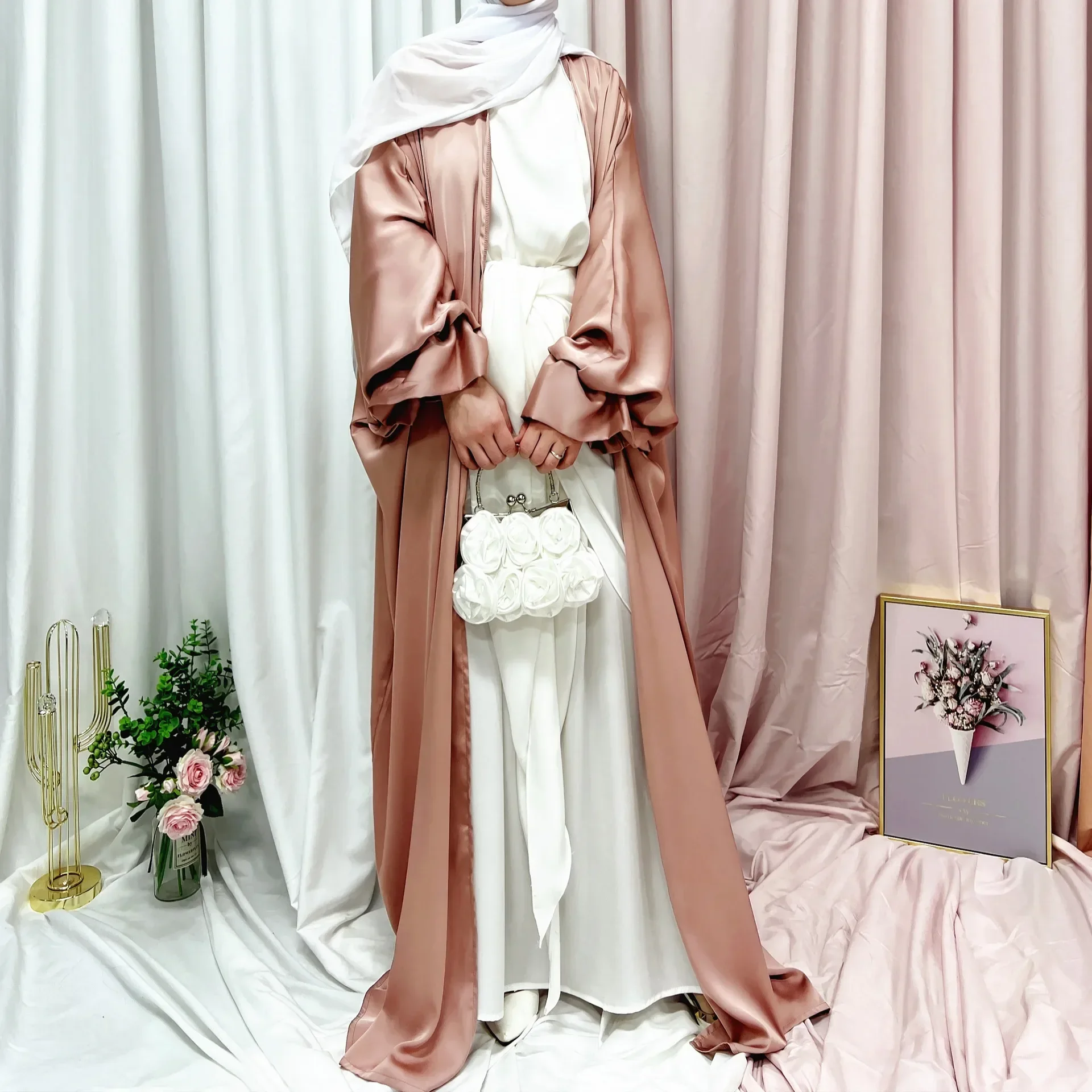 Satin Kimono Abaya Open Muslim Long Dress Puff Sleeve Abayas for Women Dubai Luxury Turkey Ramadan Eid Islam Outfit Kaftan Hijab
