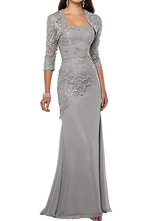 

New Chiffon Lace Mother of the Bride Dresses with Jacket Applique Three Quarter Long Sleeves Mermaid Mother's Evening Gowns 2021