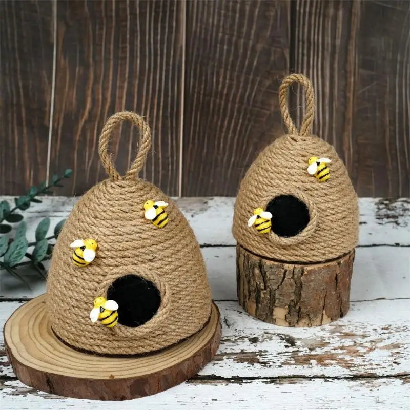 Handmade Woven Rope Bees Hives Hanging Ornament with Decorative Bowknot for Seasonal Festivities Bees Party Decors 87HA 6
