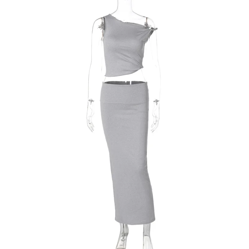 Off-shoulder Vest 2-piece Skirt Suit Women's Summer Solid Color Slim Sleeveless Slit Long Skirt Suit Women's 2-piece Suit