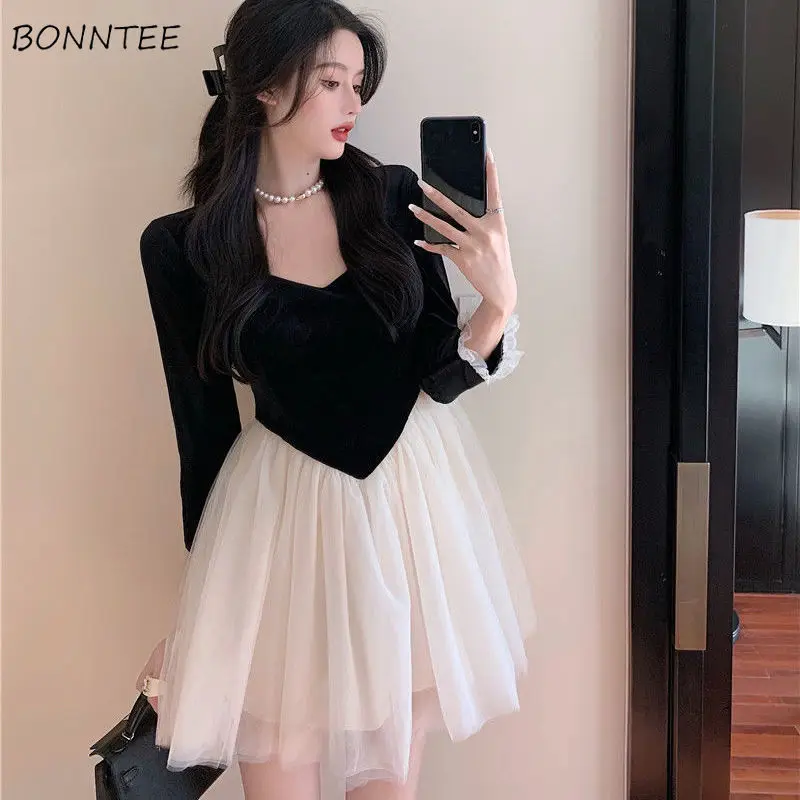 

Long Sleeve Dresses Women Casual Sweet Ball Gown Gauze Patchwork Elegant Fashion Korean Design Retro New Female Spring Vestido