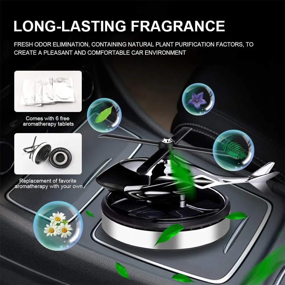 Aircraft Shape Diffuser Solar Power Rotating Car Helicopter Aromatherapy diffuser Perfume Car Interior Accesories （silver）