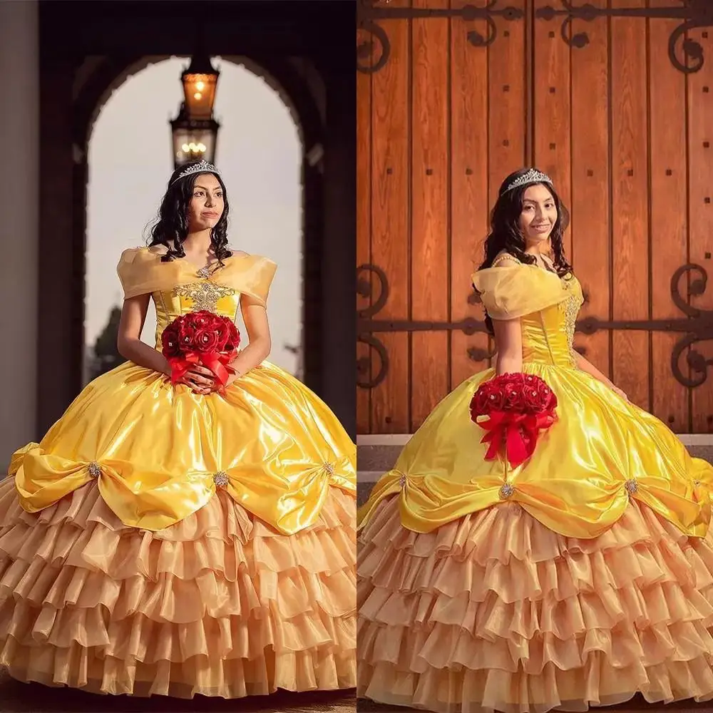 Princess Gold Satin Quinceanera Dresses Off Shoulder Tiered Skirts lace-up corset Plus Size vestidos de 15 a&ntilde;os