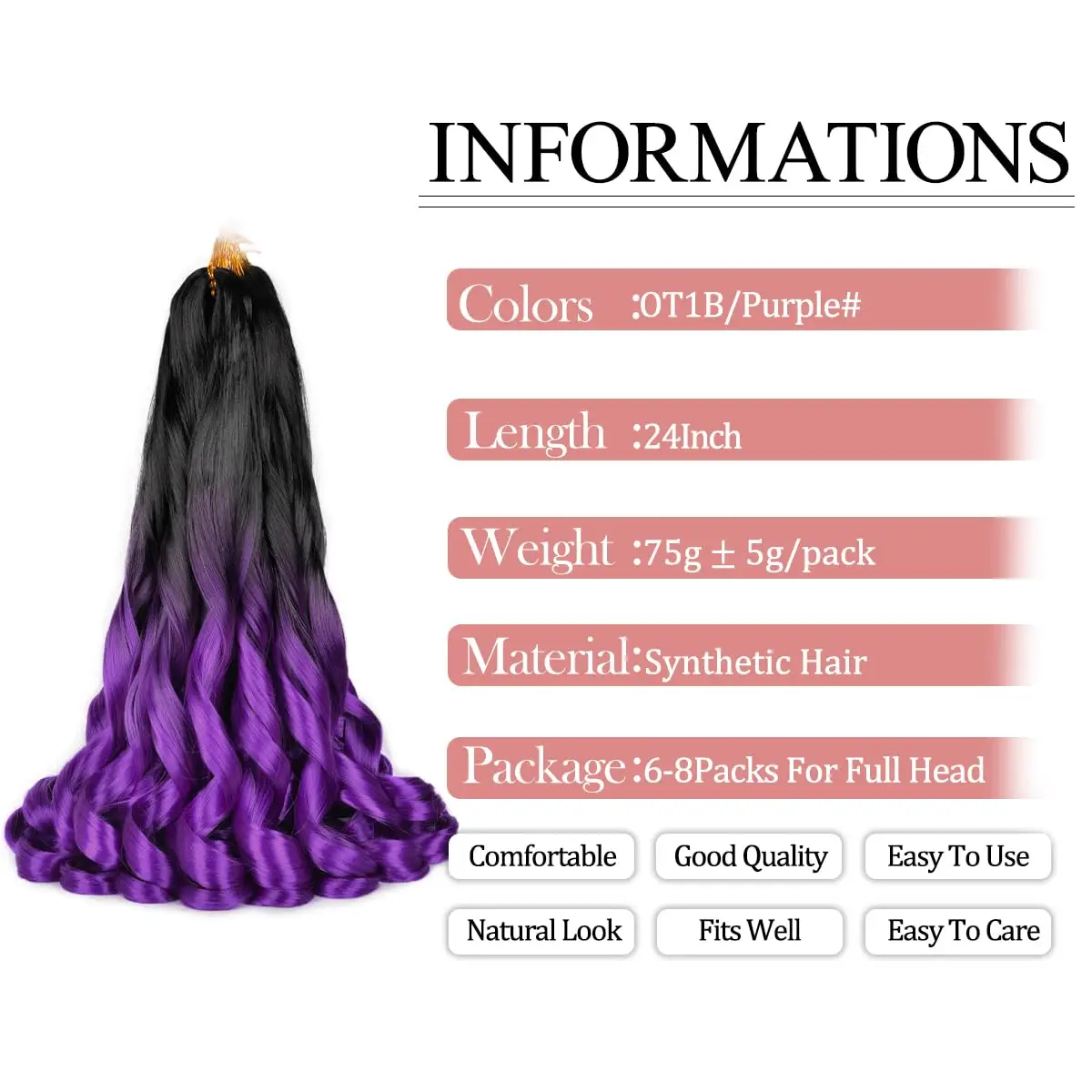 Synthetic French Curl Braiding Hair 24 inch Pre Stretched Bouncy Braiding Hair Purple Braid Crochet Hair Extensions For Women 3